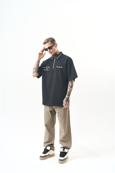 Erkek Yarım Fermuarlı Nakışlı Oversize T-Shirt Füme