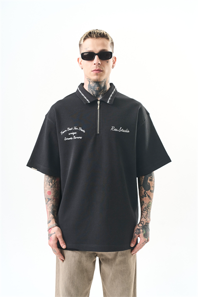 Erkek Yarım Fermuarlı Nakışlı Oversize T-Shirt Füme