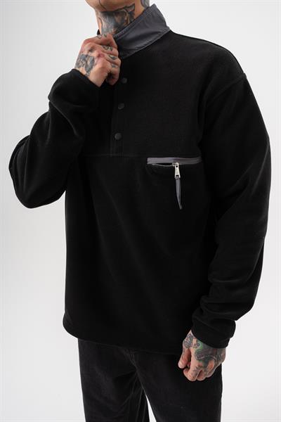 Erkek Düğme Detaylı Oversize Polar Sweatshirt Siyah