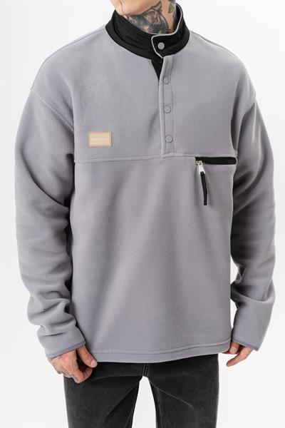 Erkek Düğme Detaylı Oversize Polar Sweatshirt Gri