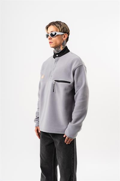 Erkek Düğme Detaylı Oversize Polar Sweatshirt Gri