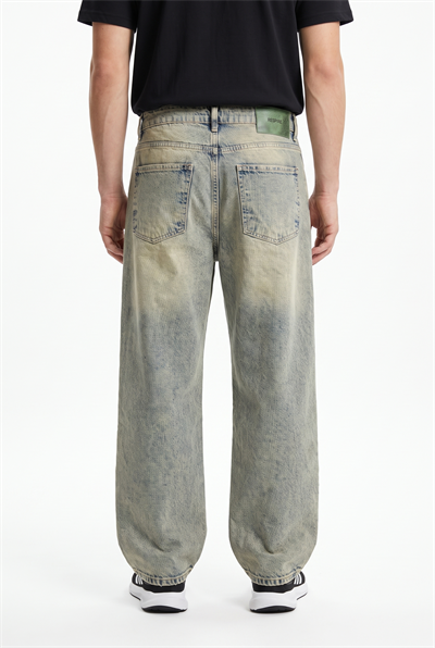 Erkek Yıkama Detaylı Baggy Jean Bej