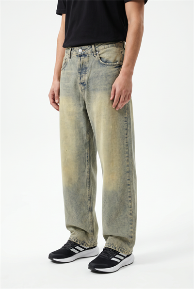 Erkek Yıkama Detaylı Baggy Jean Bej