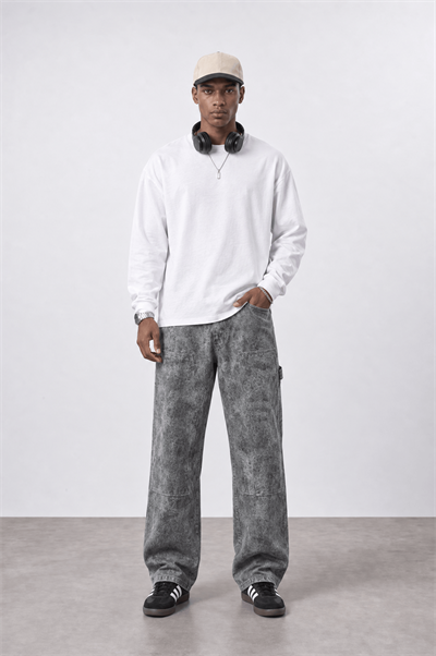Erkek Yıkamalı Carpenter Baggy Jean Füme