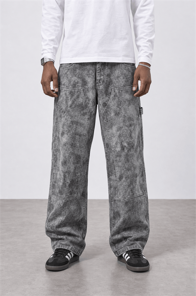 Erkek Yıkamalı Carpenter Baggy Jean Füme