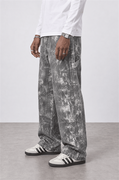 Erkek Yıkamalı Carpenter Baggy Jean Gri