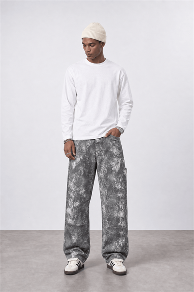Erkek Yıkamalı Carpenter Baggy Jean Gri