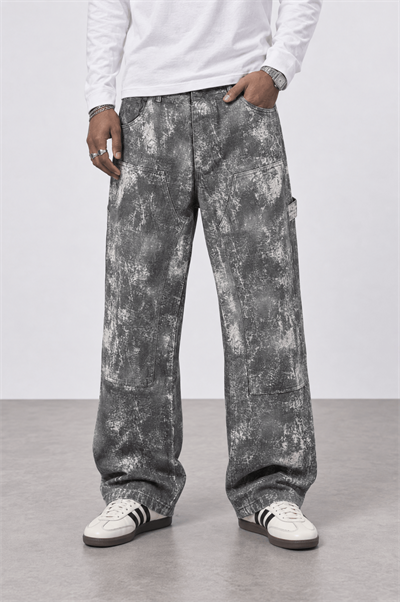 Erkek Yıkamalı Carpenter Baggy Jean Gri