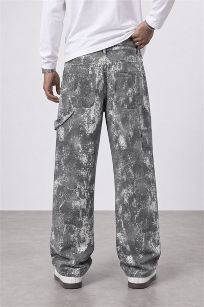 Erkek Yıkamalı Carpenter Baggy Jean Gri