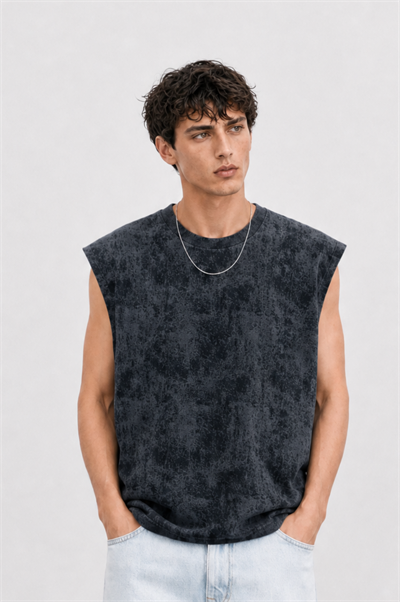 Erkek Yıkamalı Tank Top Atlet Siyah