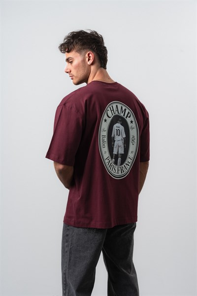 Erkek Zidane Baskılı Oversize T-Shirt Bordo