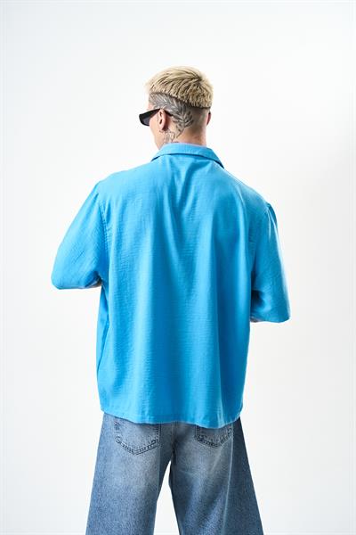Erkek Zigzag Nakışlı Oversize Keten Gömlek Mavi