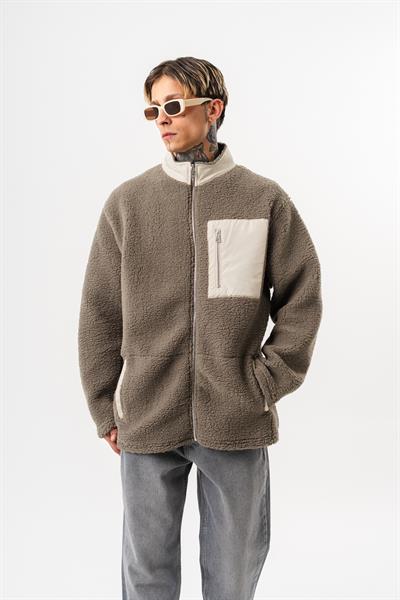 Erkek Zip Oversize Teddy Ceket Koyu Yeşil
