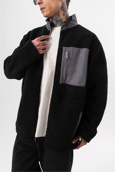 Erkek Zip Oversize Teddy Ceket Siyah