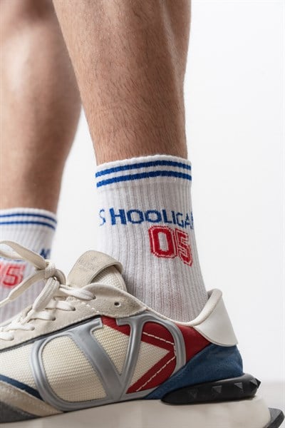 Unisex Holigans Baskılı Uzun Çorap Beyaz
