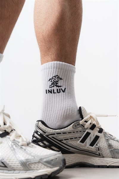 Unisex Inluv Yazılı Uzun Çorap Beyaz