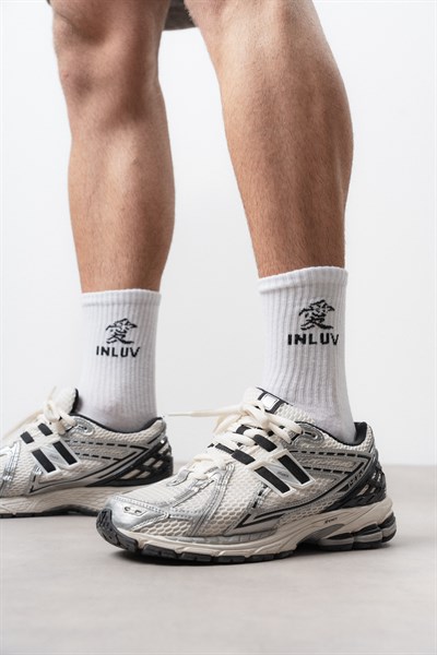 Unisex Inluv Yazılı Uzun Çorap Beyaz