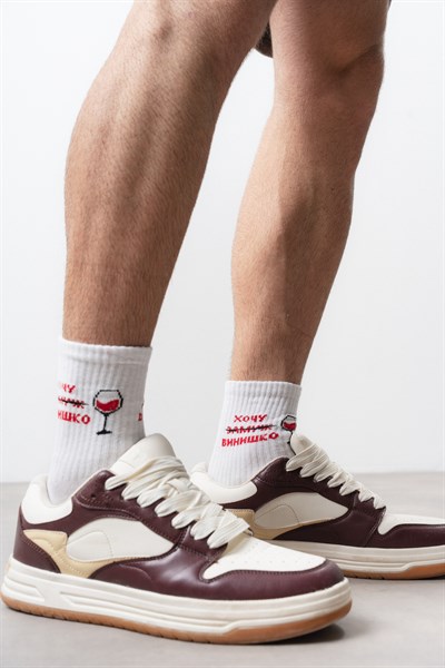 Unisex Kadeh Baskılı Uzun Çorap Beyaz