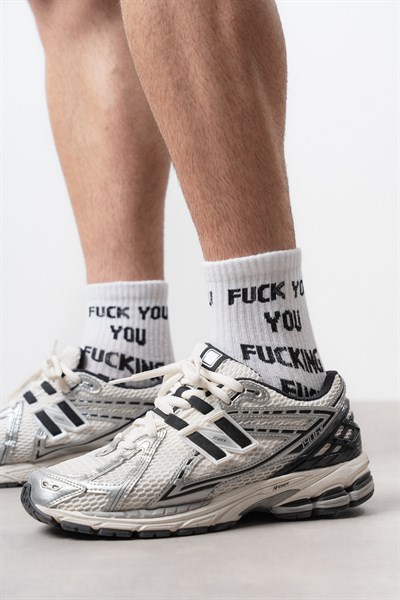 Unisex Yazılı Uzun Çorap Beyaz