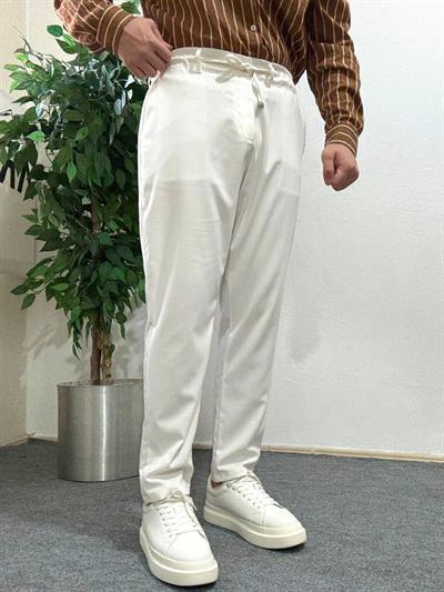 Beyaz Bağlamalı Baggy Kumaş Pantolon