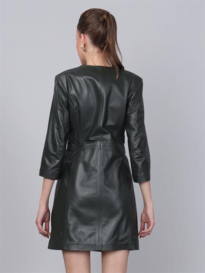 Basics&More Women Buttoned Green Leather Dress - DR01