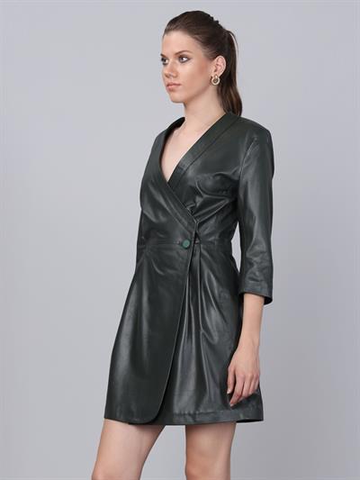 Basics&More Women Buttoned Green Leather Dress - DR01