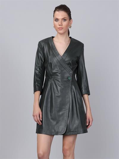 Basics&More Women Buttoned Green Leather Dress - DR01