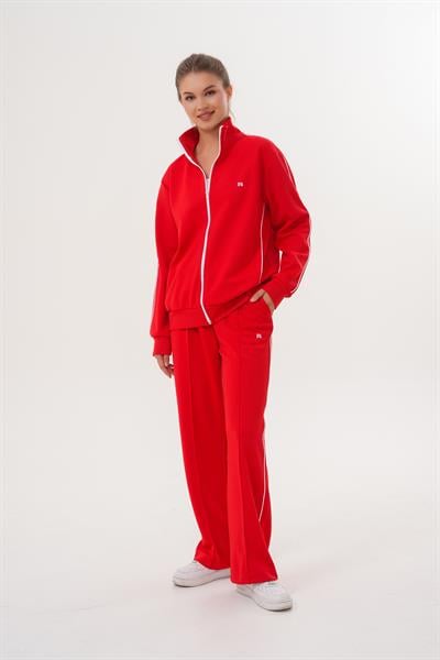 Basics&More Kadın Kırmızı Tam Fermuarlı Şeritli Eşofman Takımı – Rahat ve Şık Spor Stil