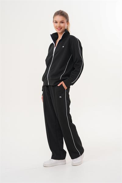 Basics&More Kadın Siyah Tam Fermuarlı Şeritli Eşofman Takımı – Rahat ve Şık Spor Stil