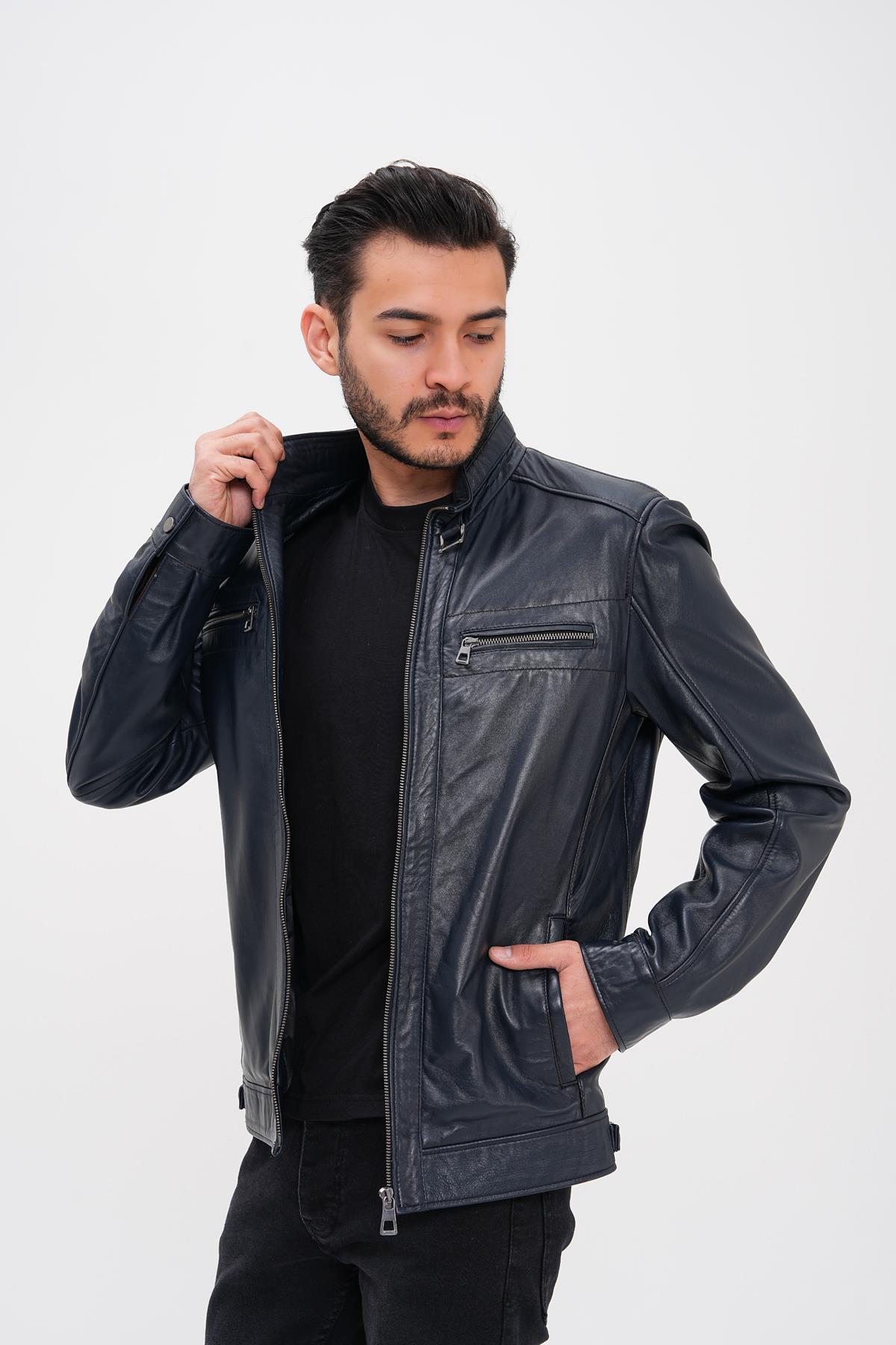 Midnight Blue Mens Blue Leather Coat Basics&More Men's Dark Navy - Main Image