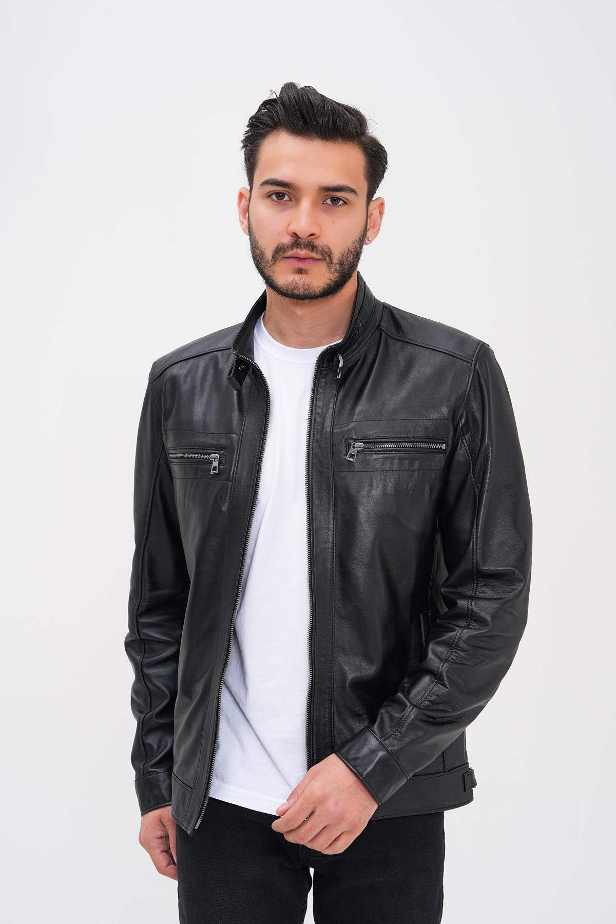 Basics&More Men's Black Leather Jacket Zippered