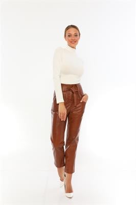 basics and more Basics&More Women Belted Chestnut Leather Trousers - P01