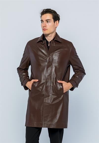 basics and more Basics&More Men Buttoned Long Tea Leather Jacket - French