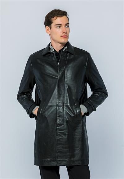 basics and more Basics&More Men Buttoned Long Black Leather Jacket - French