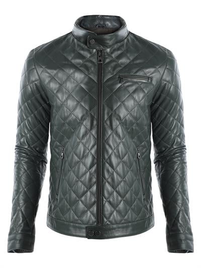 basics and more Basics&More Men's Quilt Patterned Genuine Green Leather Jacket - ES790