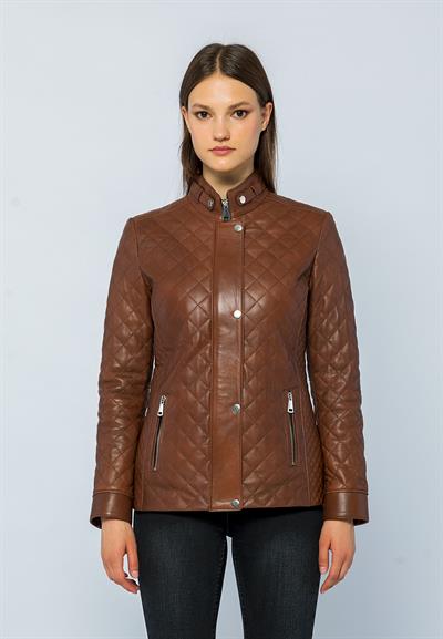 basics and more Basics&More Women Quilted Chestnut Leather Jacket - Dunna