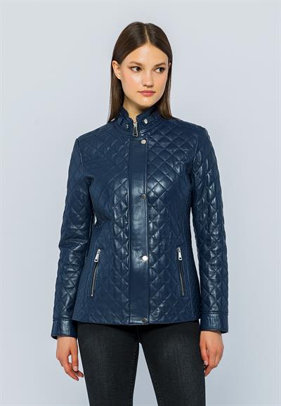 basics and more Basics&More Women Quilted Dark Blue Leather Jacket - Dunna