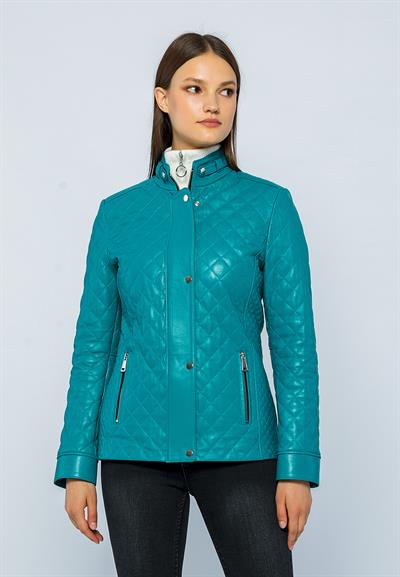 basics and more Basics&More Women Quilted Turquoise Leather Jacket Dunna