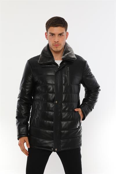 basics and more Basics&More Black Fur Collared Long Leather Coat - E2118