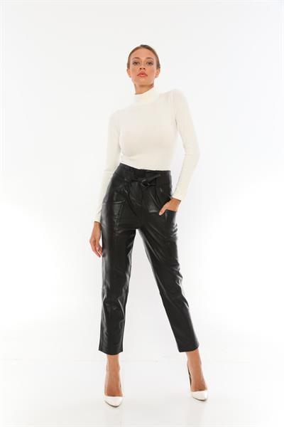 basics and more Basics&More Women Belted Black Leather Trousers - P01