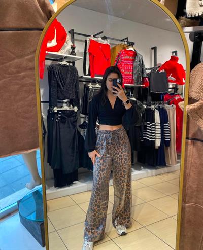 Saten Leopar Pantolon