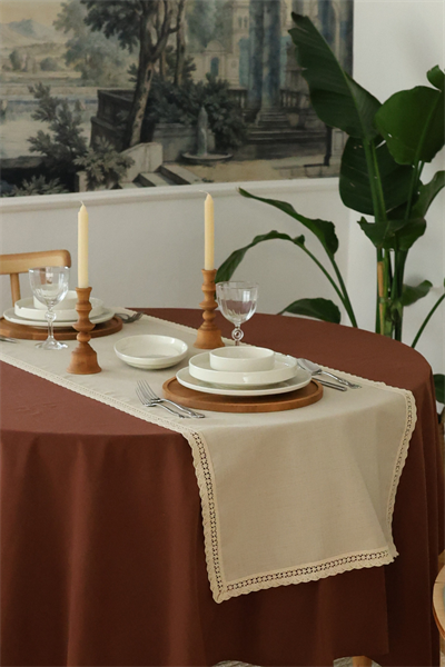 Elora Duck Keten Yıkanabilir Leke Tutmaz Cappuccino Kopenaki Dantel Detaylı Runner 40x140 Cm