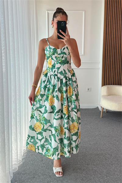 Ananas Desenli Elbise - YEŞİL