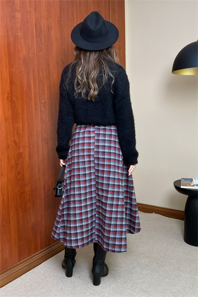 Asimetrik Ekoseli Etek - BORDO