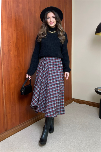 Asimetrik Ekoseli Etek - BORDO