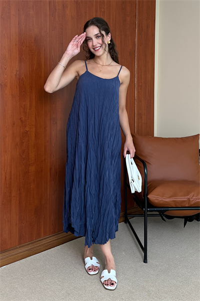 Askılı Kırışık Elbise - MAVİ