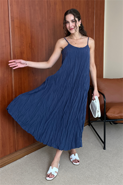 Askılı Kırışık Elbise - MAVİ
