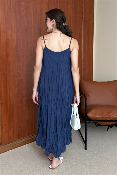 Askılı Kırışık Elbise - MAVİ