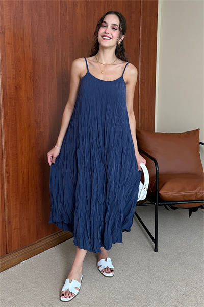 Askılı Kırışık Elbise - MAVİ