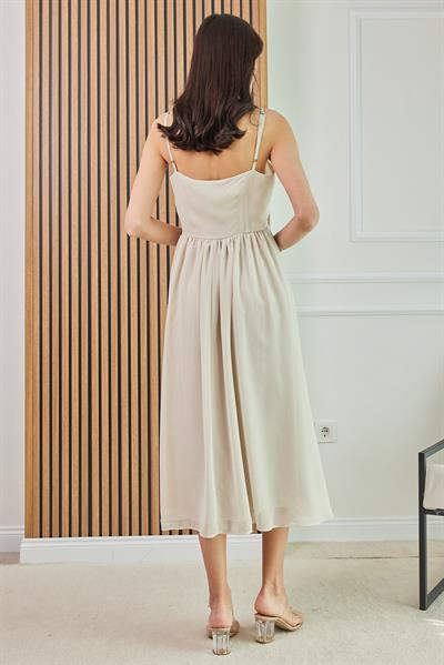 Askılı Midi Elbise - KREM